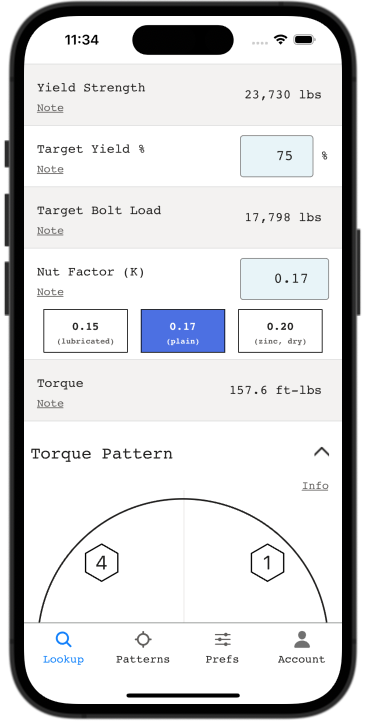 Screenshot of the Flange Bolt Chart app showing a torque calculation.