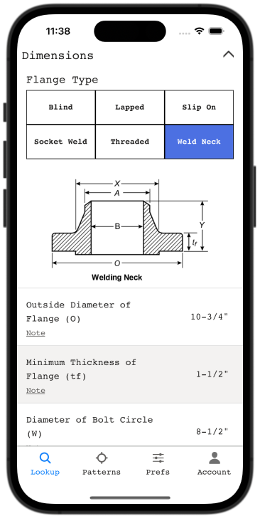 Screenshot of the Flange Bolt Chart app showing flange dimensions.