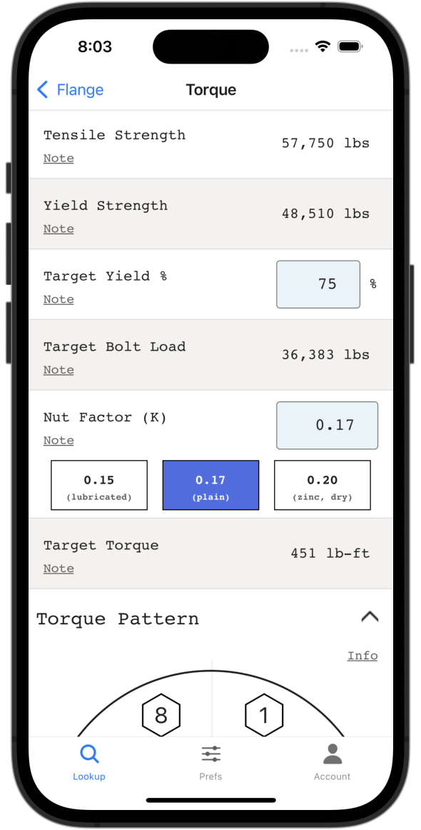 Screenshot of a target torque calculation in the Flange Bolt Chart app.