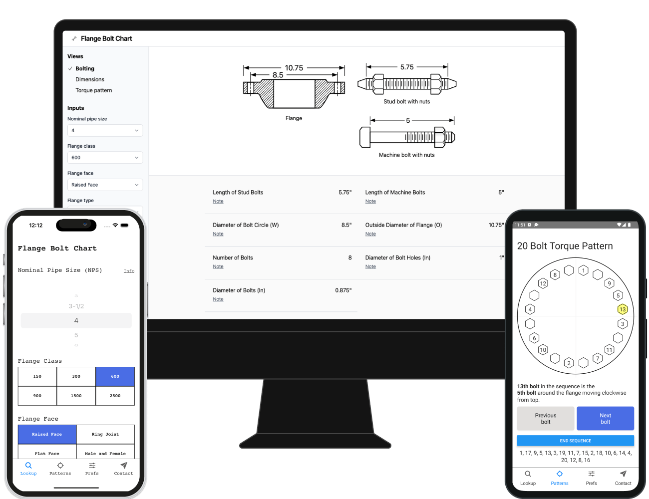 Flange bolt chart app screenshot