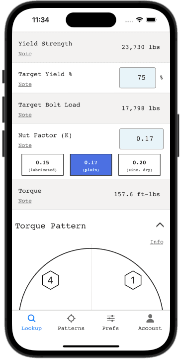 Screenshot of the Flange Bolt Chart app showing a torque calculation.
